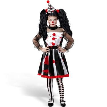 Imagem de DIIQII Girls Scary Clown Costume: Black and White Bloody Jester Dress with Headband Socks - Halloween Creepy Dress Up Party Costumes for Girls