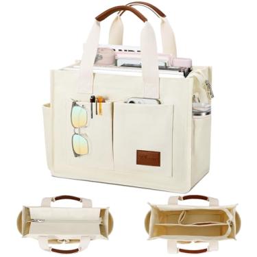 Imagem de KKXIU Bolsa feminina grande de lona com zíper e compartimentos, bolsa carteiro bíblica de trabalho transversal com bolsos, New Upgrade Plus Bege, Large