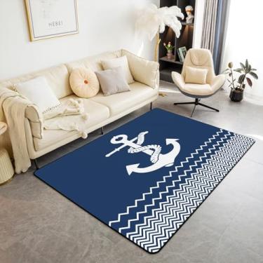 Imagem de jejeloiu Anchor Decor Tapete de área com listras geométricas 7,5 x 12,5 cm, tapetes para sala de estar, crianças, meninos, meninas, azul marinho, verão, náutico, mar, aventura, oceano, tema marinho,