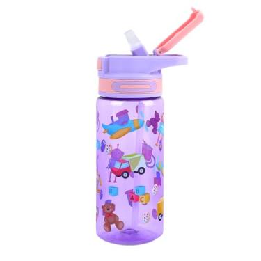 Imagem de Queenshin Garrafa de água infantil com canudo, tampa de bico pop-up e alça de transporte, copo de água de carro roxo à prova de vazamento para meninas e meninos, sem BPA, garrafa de água de plástico