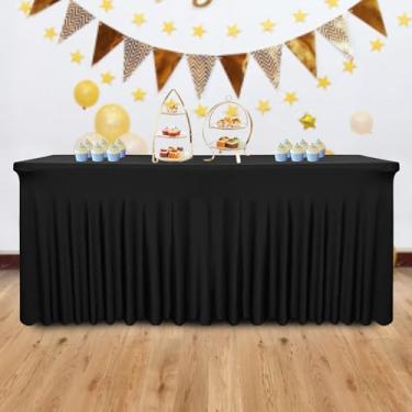 Imagem de 1 pacote com 152 cm C x 71 cm L L x 76 cm A saia de mesa preta para mesas retangulares de 1,8 m | Roupas de mesa elásticas com elastano | Saia de mesa lavável e resistente a vincos | para festa