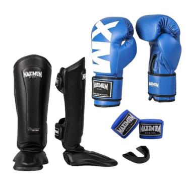 Imagem de Kit Luva de Boxe MXM Azul + Caneleira Muay Thai Classic Preto + Bandagem 3m + Protetor Bucal - Maximum (LUVA 10oz + CANELEIRA M)