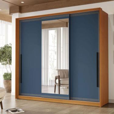 Imagem de Guarda-Roupa Casal Valência 3 Portas 4 Gavetas com Espelho Freijó/Azul - Politorno