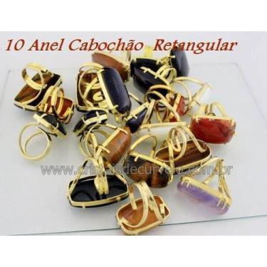 Imagem de Anel Retangular Cabochão de Pedra Natural Mista Dourado Aro Ajustável 