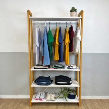 Imagem de Arara de Roupas de Madeira Pinus Linea Ample Branco e Nozes - ArtFacto