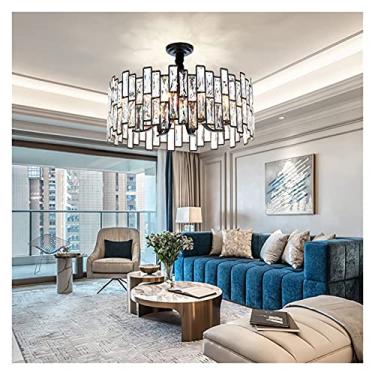 Imagem de Lustre moderno preto compatível com sala de estar, luminária de cristal de luxo para ambientes internos, grande luminária redonda de led com corrente para decoração de casa (cor: dia 80 cm,