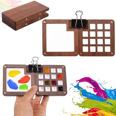 Imagem de Paleta de caderno de esboços portátil, mini paleta de tinta de viagem de madeira com clipe 8/15 grades caixa de paleta de cores magnética caixa de paleta de aquarela reutilizável caixa bandeja de