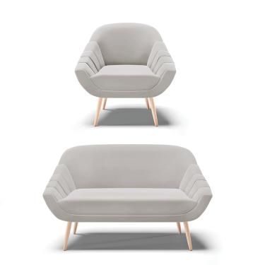 Imagem de Kit 01 Namoradeira 02 Lugares e 01 Poltrona Giovana Veludo Cinza Pés Palito Natural - D'Rossi