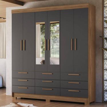 Imagem de Guarda-Roupa Casal Marilena 6 Portas 9 Gavetas Jatoba/Grafite com Espelho - Pnr Móveis