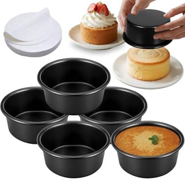 Imagem de Conjunto de 5 formas de bolo de 10 cm, formas antiaderentes redondas para bolo com 100 peças de papel pergaminho, assadeira para mini bolo, pizza, cheesecake, não tóxico e à prova de vazamento, material de alumínio com revestimento antiaderente de grau alimentício