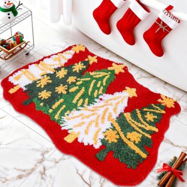 Imagem de Whaline Tapete de Natal com luzes coloridas para árvore de Natal, tapete de banho antiderrapante, vermelho, verde, branco, tapete frontal para Natal, inverno, decoração de casa de banho