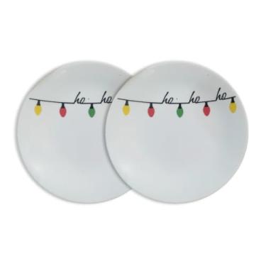 Imagem de Jogo 2 Prato Sobremesa 19cm Porcelana Decoração Natal Presente Mesa Posta Jantar Doce Bolo Elegante (Luzes Hohoho)