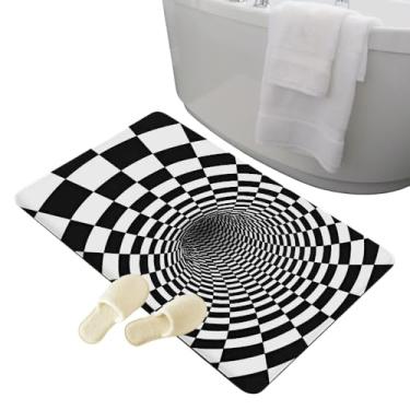 Imagem de Tapete 3D Ilusão de Ótica Preto e Branco Decorativo Estampa Xadrez Design Vórtex Macio para Banheiro, Sala e Quarto