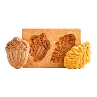 Imagem de Moldes de biscoito de madeira feitos à mão, madeira de faia, design de folha de outono e bolota, padrão tradicional de prensa de assar