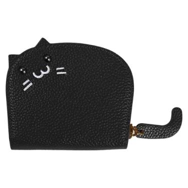 Imagem de Elegante bolsa de moedas com tema de gato | Padrão de lichia elegante com porta-cartão de poliuretano | Perfeita como carteira de gato ou bolsa de moedas, Preto, Bonito