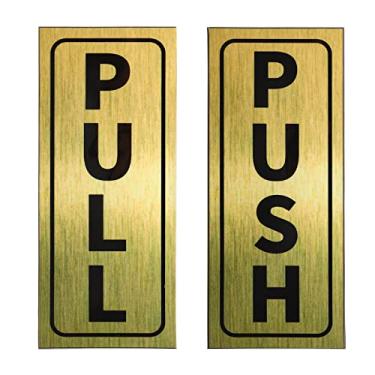 Imagem de Placa de porta push-pull, 1 conjunto de 5 cm x 12,7 cm PVC autoadesivo à prova d'água vertical puxar adesivo para porta de vidro de loja de escritório comercial dourado