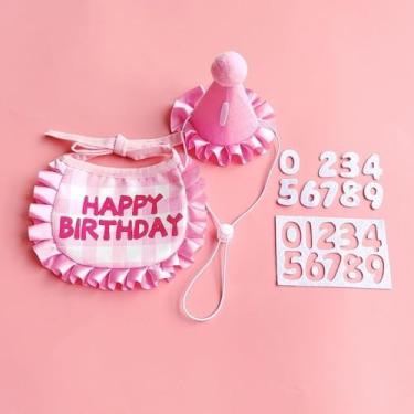 Imagem de Enfeites de fantasia com adesivos digitais babador para animais de estimação fofo algodão poliéster gato aniversário cachecol chapéu conjunto (rosa)