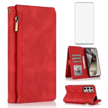 Imagem de Capa carteira compatível com Samsung Galaxy S24 Ultra 5G, protetor de tela de vidro temperado e zíper retrô de couro, suporte para cartão, acessórios para celular para S24Ultra 24S S 24 24Ultra