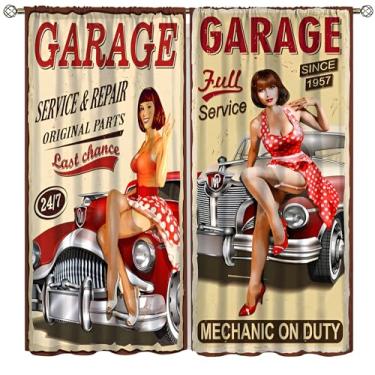 Imagem de SYZWWSYX Cortinas com estampa de carro menina anos 70, arte retrô de garagem, tratamentos de janela para quarto, sala de estar, cozinha, dormitório, 2 conjuntos de painéis, 106 x 113 cm