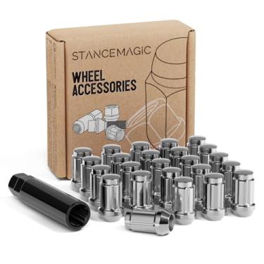 Imagem de 24 porcas de roda de acionamento com ranhuras de prata cromada – Roscas 1/2 x 20 – 3,5 cm de comprimento – extremidade fechada – Assento cônico cônico – Inclui 1 ferramenta de chave de soquete – Compatível com Dodge Dakota Durango Viper