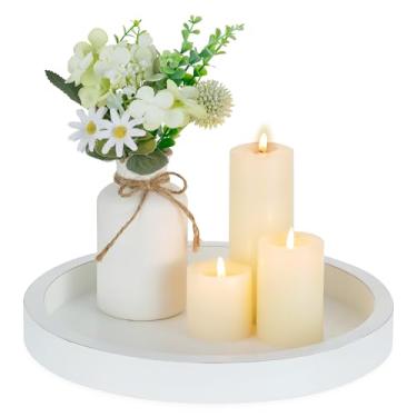 Imagem de Hanobe Bandeja decorativa para mesa de café: bandejas redondas rústicas para centro de mesa otomana decoração de casa 28 cm pequenos topos de madeira organizador de canto de sala de estar branco