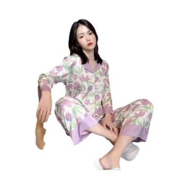 Imagem de Conjunto de Pijamas de Seda Gelada Feminino - Cardigan com Estampa Doc