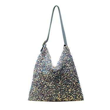 Imagem de Bolsa feminina de ombro com strass, camurça sintética, cristal, glitter, alça superior com correntes, bolsa nas axilas, C- lantejoulas, azul, 36*2*38cm