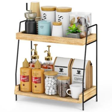 Imagem de Bancada organizadora de cafeteria, organizador de 2 níveis para acessórios de cafeteria, prateleira organizadora de balcão de cozinha rústica de madeira, suporte organizador de condimentos para