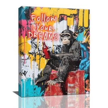Imagem de Arte de parede de macaco graffiti, decoração de parede de imagens de macaco Banksy, pinturas de impressões em tela de animais Follow Your Dreams, arte emoldurada para sala de estar, banheiro, quarto