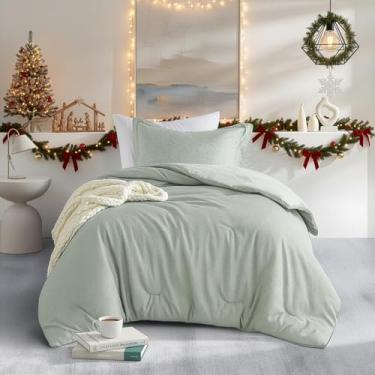 Imagem de Regency Heights Conjunto de edredom solteiro/solteiro GG, leve, verde sálvia, macio, para todas as estações, 2 peças, estampa de cambraia sólida, edredom e fronha