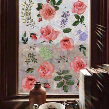 Imagem de JZZNNFEZN Película de privacidade para janela de flor, 40 cm x 99,8 cm, película de vitral arco-íris, floral, capa de janela não adesiva, para porta de casa (rosa)