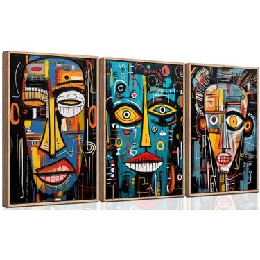 Imagem de 3 peças arte de parede em tela de retrato abstrato homem caverna graffiti decoração imagens preto e branco artistas modernos geométricos impressões para quarto, bar, sala de jogos, sala de estar, casa