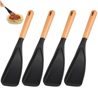 Imagem de LUMINFLY Conjunto de colheres de silicone antiaderente de 4 peças com alças de madeira, utensílios de cozinha de silicone preto para misturar, colher, servir e muito mais