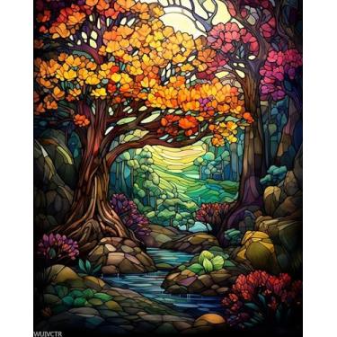 Imagem de WUIVCTR Kits de pintura por números para adultos, árvore grande, vitral, pintura a óleo por números, artesanato, presentes para Natal, aniversário, 40 x 50 cm