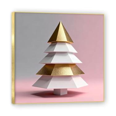 Imagem de Moldura dourada. Arte moderna de presente de Natal, arte geométrica de árvore rosa empoeirada e dourada, tela emoldurada pronta para pendurar para uma casa de férias elegante. A25. 50 x 50 cm - 19,6 x