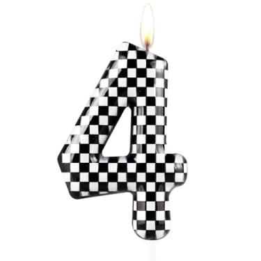 Imagem de Velas de aniversário xadrez pretas e brancas, bandeira quadriculada, número de tema de corrida, decoração de bolo de aniversário, decoração de festa para entusiastas de carros, velas de bolo de 4 anos