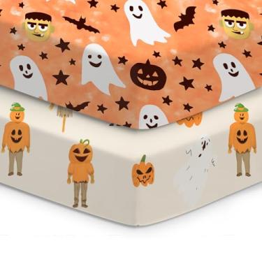 Imagem de TotChill Lençóis de berço de Halloween, lençol com elástico para berço padrão e colchão infantil, Frankenstein, abóbora, fantasma