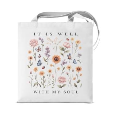 Imagem de KSFFWQIN Sacola floral cristã para mulheres, versículo bíblico It is Well With My Soul Aesthetic Bolsa de ombro reutilizável para compras, trabalho, flores silvestres e estética