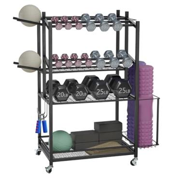 Imagem de Rack de armazenamento de halteres de 4 níveis com rodas, carrinho de armazenamento de peso para academia em casa, comporta halteres, tapetes de ioga, bolas de exercícios