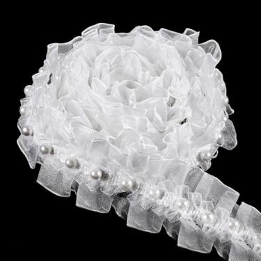 Imagem de Fita de renda de 2 jardas de organza branca com acabamento de renda com babados plissados, contas de cetim plissadas, tecido de tule, bordas, apliques costurados para noivas, apliques para bricolage
