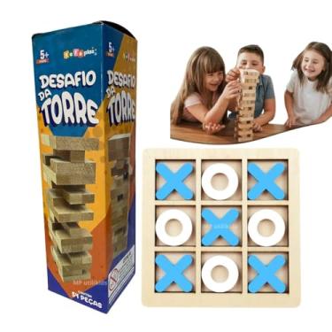 Imagem de Kit Jogos Infantis 2 em 1 Desafio da Torre e Jogo da Velha Brinquedo Educativo em Madeira para Crianças
