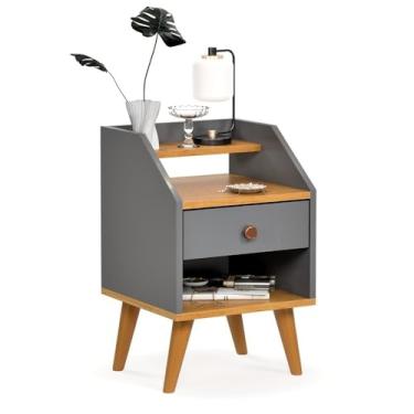 Imagem de Mesa De Cabeceira Para Quarto Pés Retro Criado (DAKOTA - CINZA/FREIJÓ)