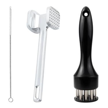 Imagem de Conjunto de 2 unidades de amaciadores de carne com escova de limpeza, 21 agulhas de aço inoxidável para amaciador de carne e martelo de carne de cabeça quadrada pequena para preparação de frango, bife