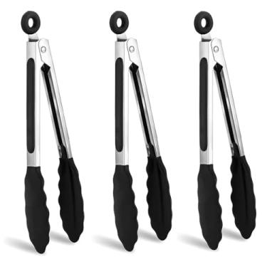 Imagem de Conjunto de 3 pinças de silicone pequenas de silicone para cozinhar, mini utensílios de aço inoxidável com pontas, utensílios antiaderentes para churrasco, fritura a ar, grelhar, salada, preto