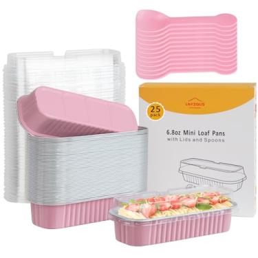 Imagem de LNYZQUS Mini formas de bolo de 200 ml com tampas, pacote com 25, formas de pão pequenas, formas individuais, recipientes descartáveis de alumínio, porta-cupcake, latas de muffin, ramequins - rosa