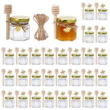 Imagem de Potinhos de Mel 30 Peças Vidro Hexagonais Premium com Colher Madeira Tampa Dourada Pingente Abelha e Corda Juta Pequenos Recipientes Frascos para Geleia Doces Festa Chá Bebê Casamento Lembranças Festa