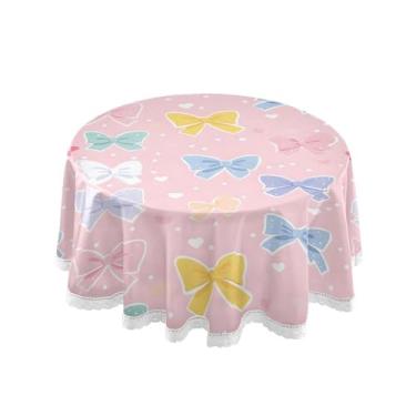 Imagem de SEHANY Toalha de mesa redonda com laço rosa de 152 cm, tecido lavável sem rugas, toalha de mesa decorativa de renda para restaurante, casamento, acampamento, festa de cinco de maio