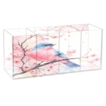 Imagem de SEHANY Lindo porta-canetas de acrílico com flores em aquarela, pássaro, 4 compartimentos, porta-lápis transparente, organizador de pincéis de maquiagem, organizador de papelaria para escritório, casa