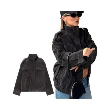 Imagem de Jaqueta Bomber Feminina De Camurça Com Manga Longa E Bolsos, Corte Ret
