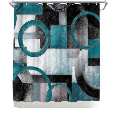 Imagem de WELMECO Cortina de chuveiro de círculo geométrico, tecido de poliéster com ganchos, cortina de chuveiro abstrata para decoração de banheiro de 183 x 182 cm (azul-petróleo)